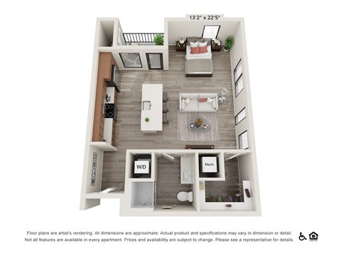Floor plan for studio, 1 bath, 635 sqft